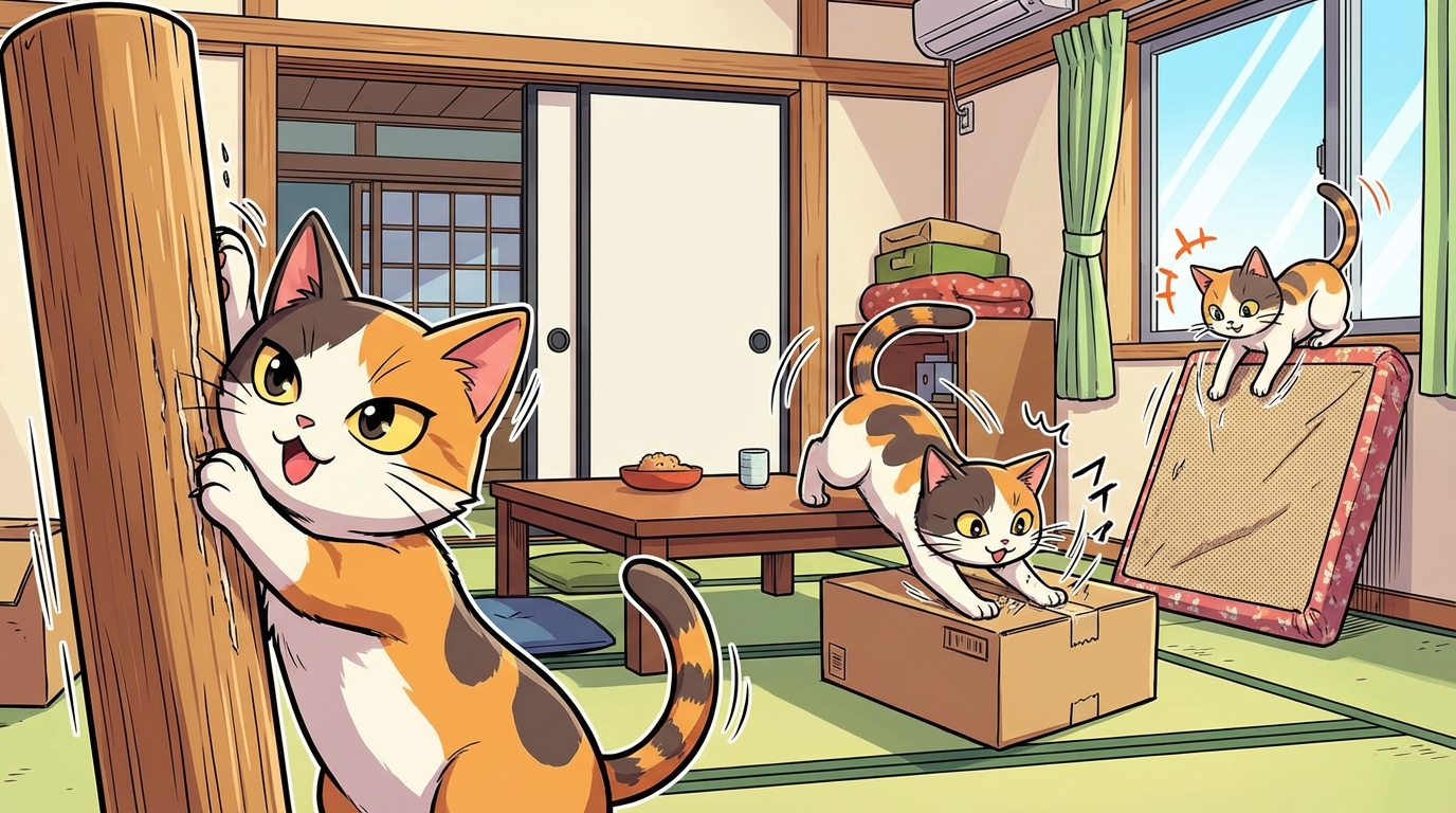 猫の爪とぎは複数の場所に設置するのが正解です