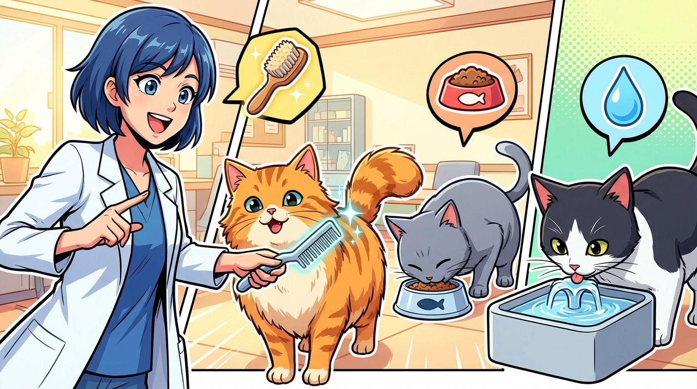 毛玉対策の答え：ブラッシング、食事、水分補給を組み合わせる