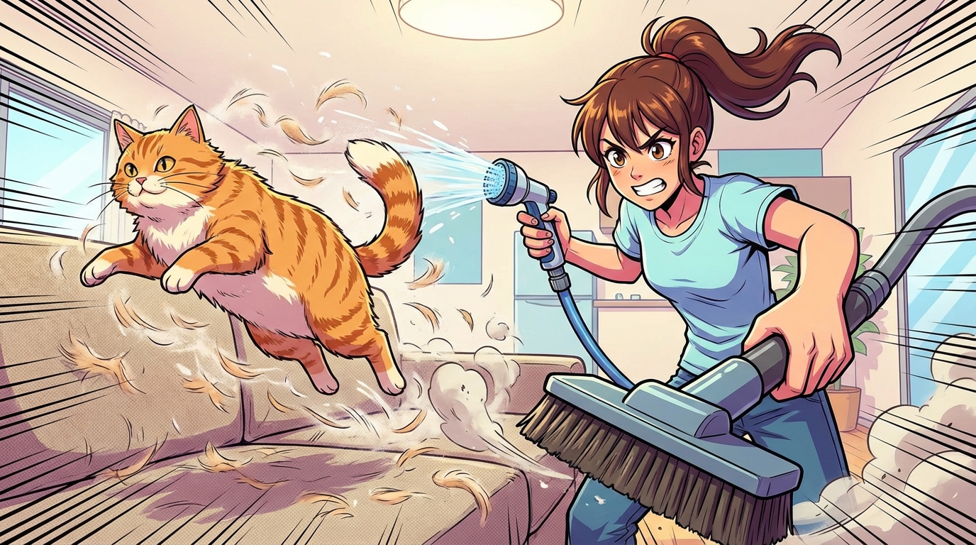 猫の抜け毛を効率的に掃除するには、霧吹きとの組み合わせが鉄則