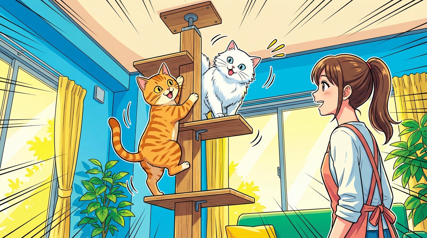 突っ張り式キャットタワーは、正しく選べば安全で快適な猫ちゃんの遊び場になります