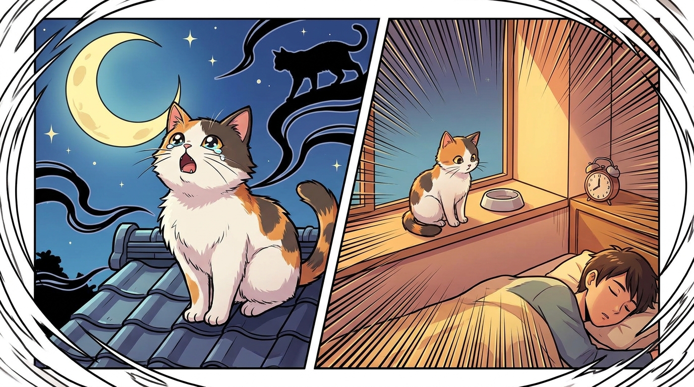 猫が夜中に鳴く理由は、本能と環境が複合している