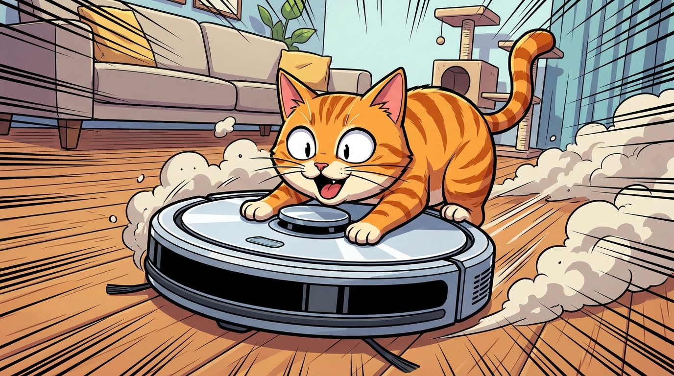 猫がロボット掃除機に乗るのはレアなケースです